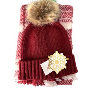 Jessica Simpson Burgundy Maroon Puff Beanie Plaid Scarf NEW with Tags